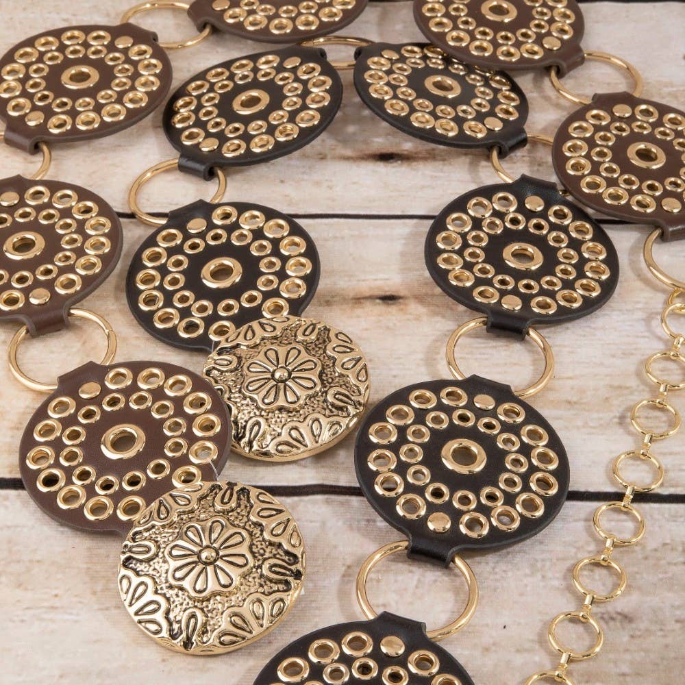Vegan Leather Studded Disc Floral Concho