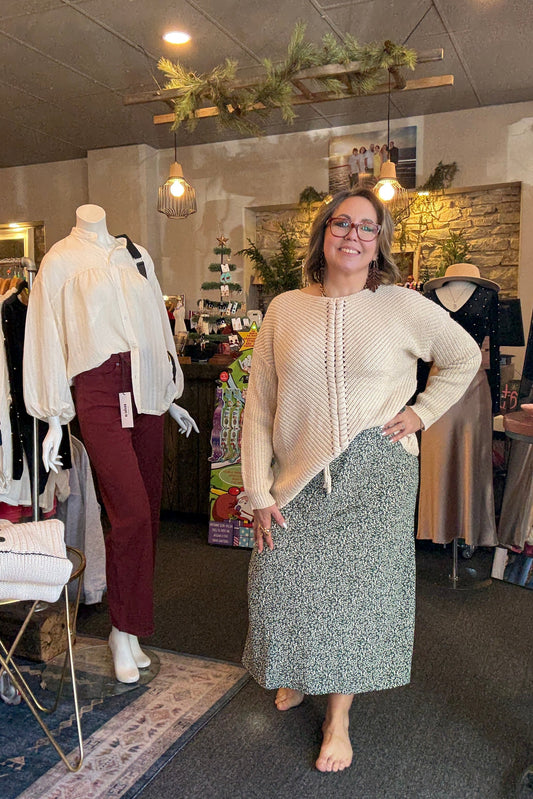 Ditsy Midi Skirt w/ Elastic Waistband