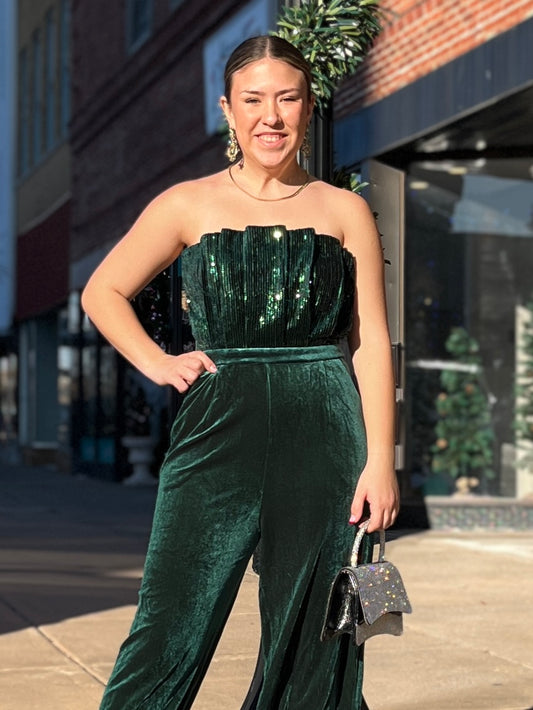 Velvet Sequin Embellished Strapless Jumpsuit