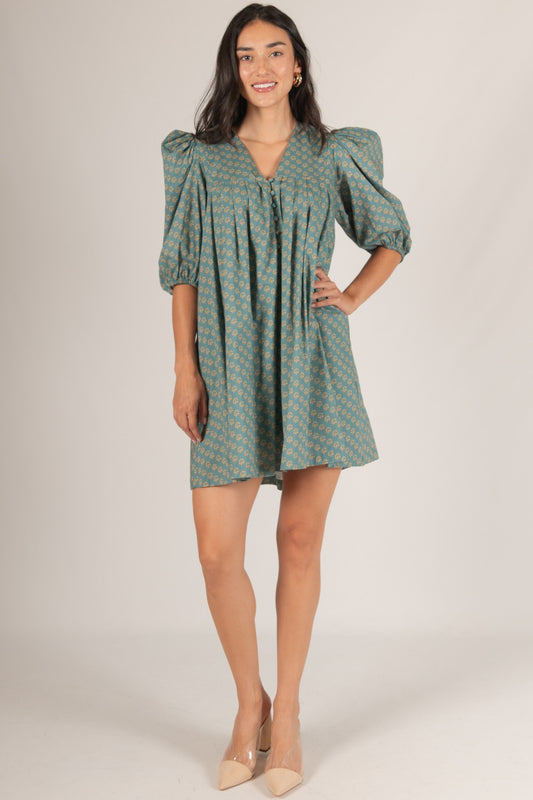 2-Tone Cotton Woven Puff Sleeve Dress