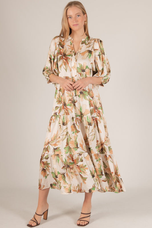 Print Satin Billowy Sleeve Maxi Dress