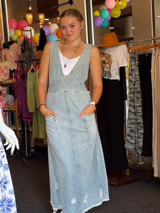 Tied Back Overall Long Denim Dress