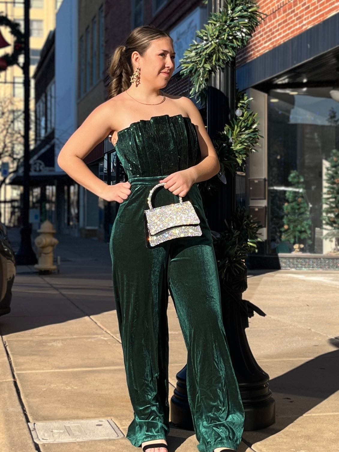 Velvet Sequin Embellished Strapless Jumpsuit