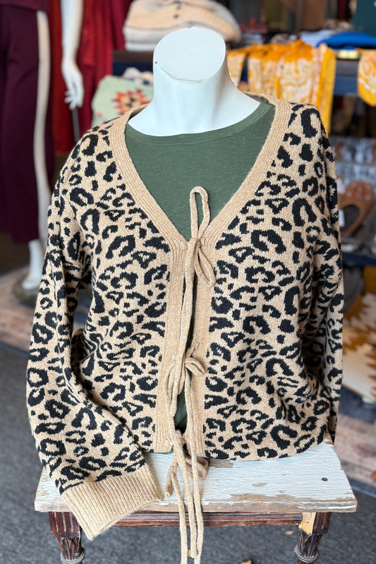 Animal Print Front Tie Cardigan