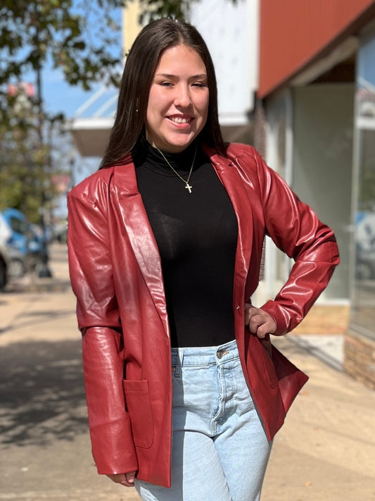 Burgundy Faux Leather Blazer