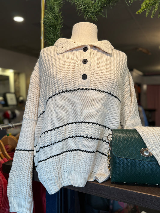 Button Up Knit Sweater w/ Stripes