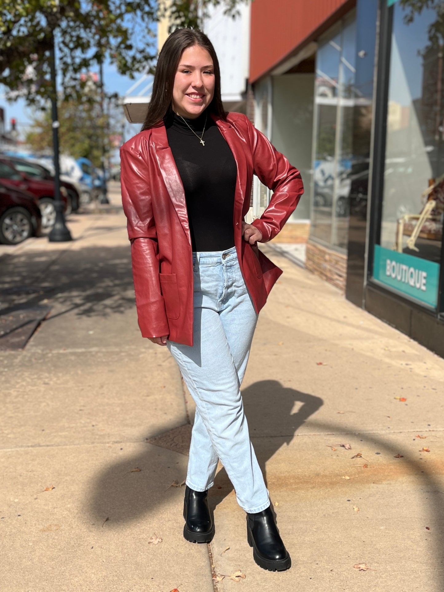 Burgundy Faux Leather Blazer