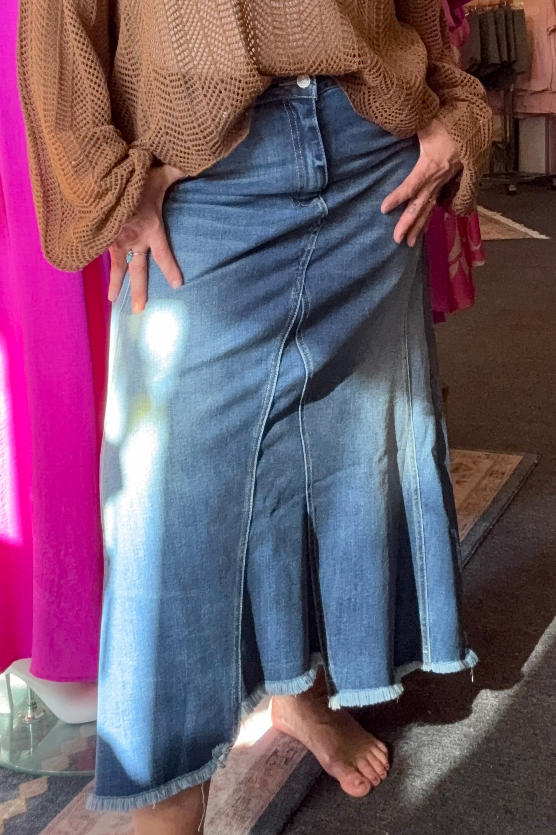 Distress Hem Denim Maxi Skirt