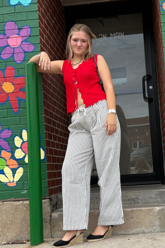Stripe Wide Leg Pants with Rope Belt