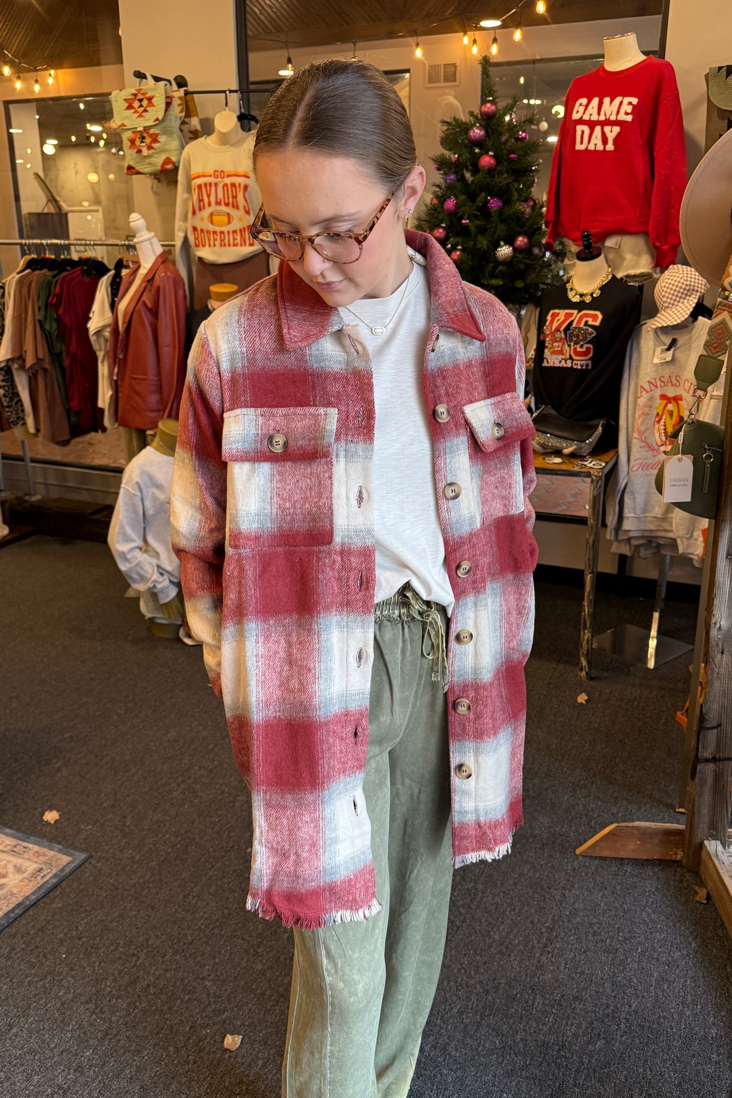 Fringe Detail Long Plaid Jacket