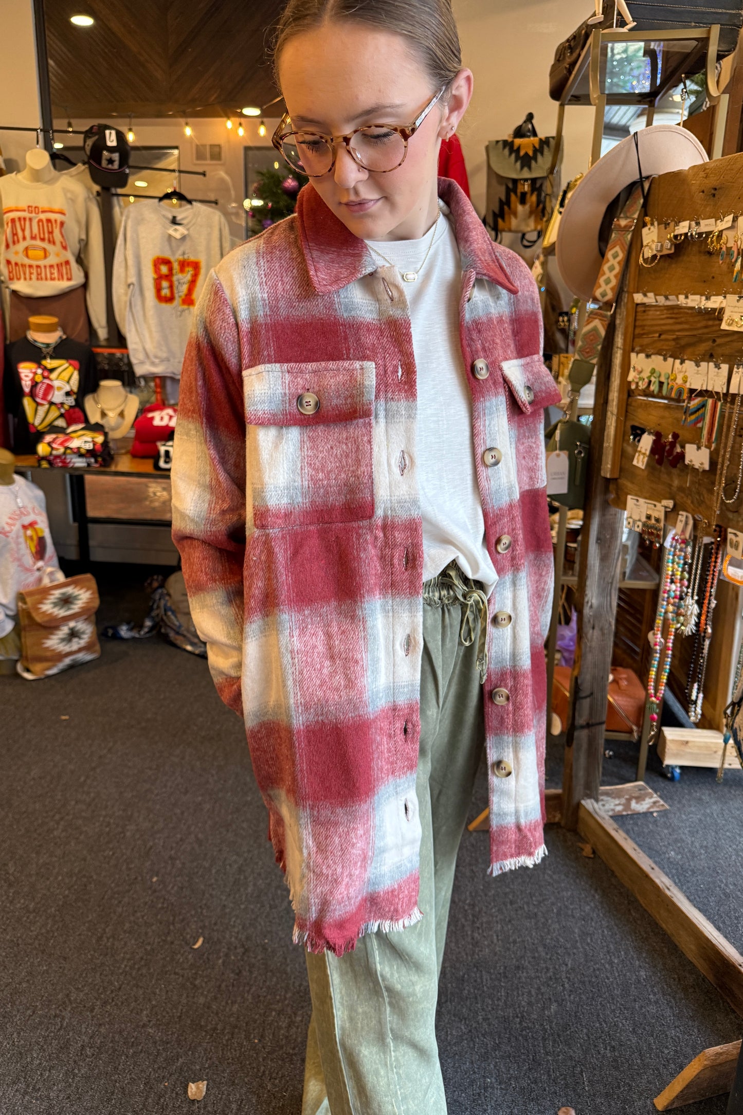 Fringe Detail Long Plaid Jacket