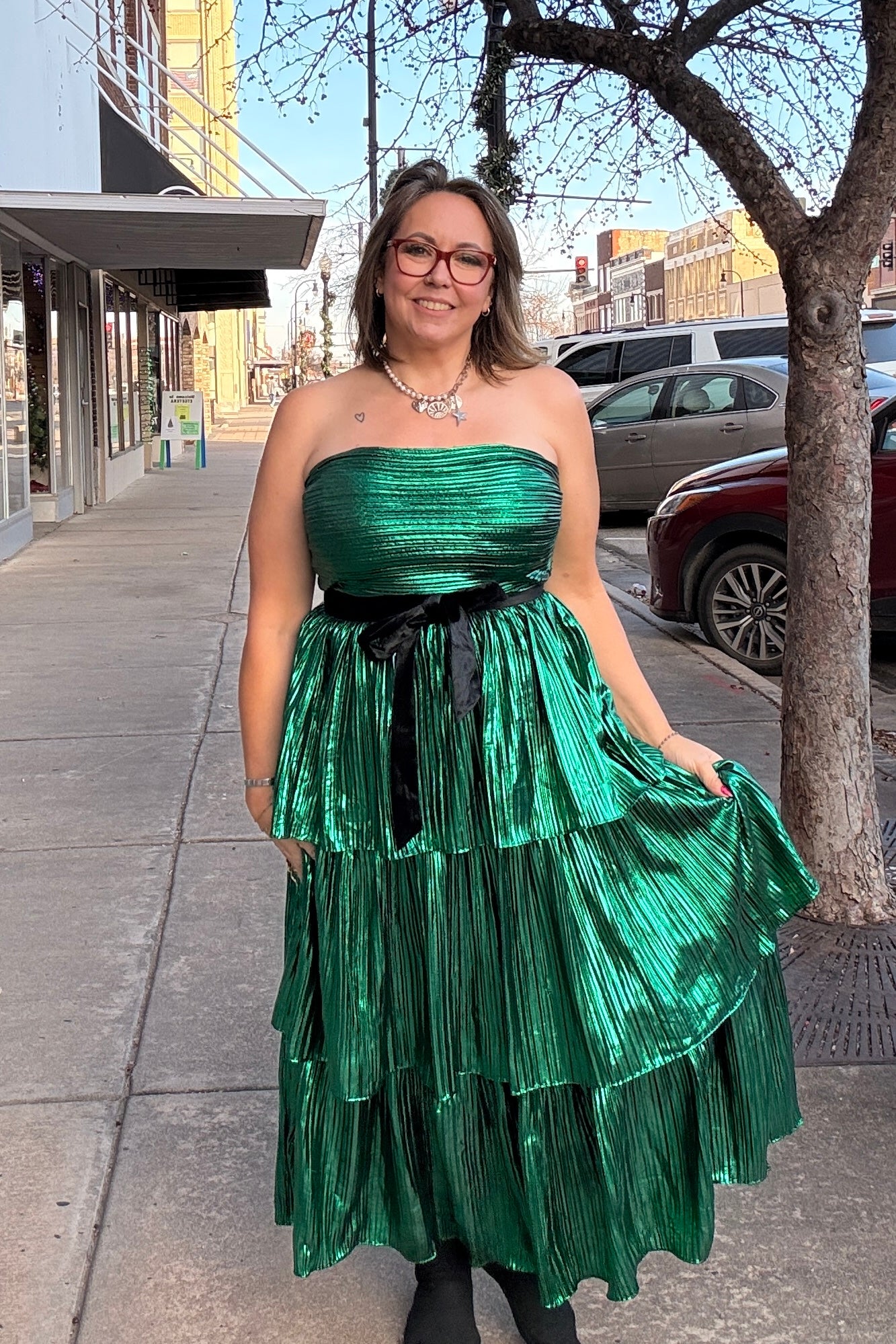 Green Metallic Strapless Dress