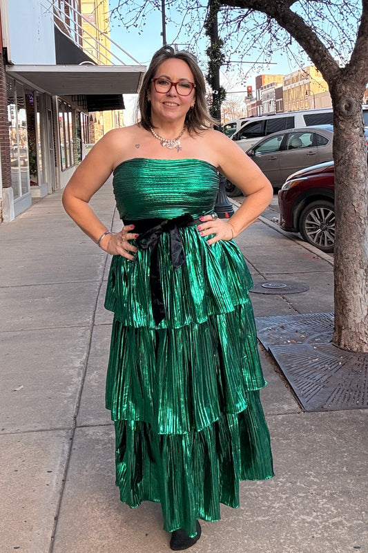 Green Metallic Strapless Dress