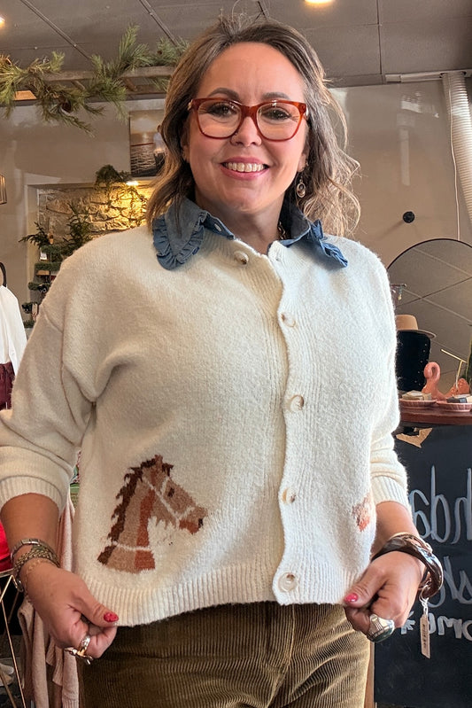 Western Horse Graphic Button Front Cropped Cardigan Sweater