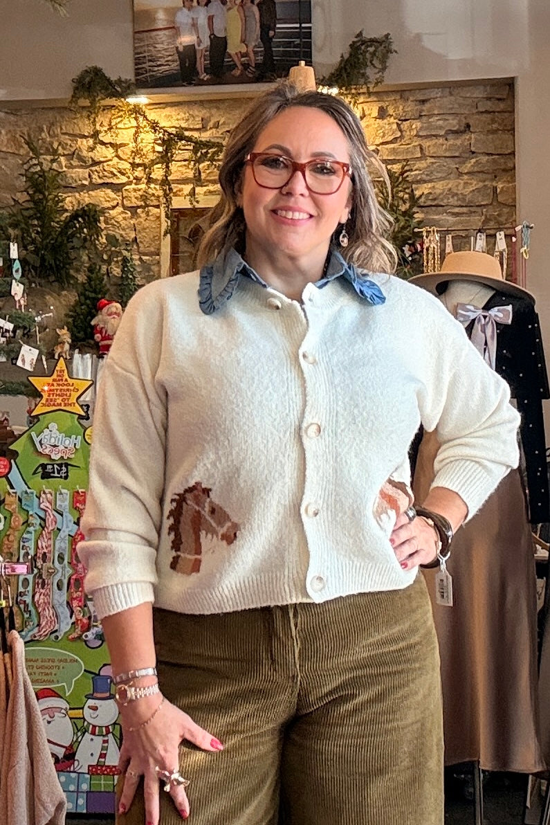 Western Horse Graphic Button Front Cropped Cardigan Sweater