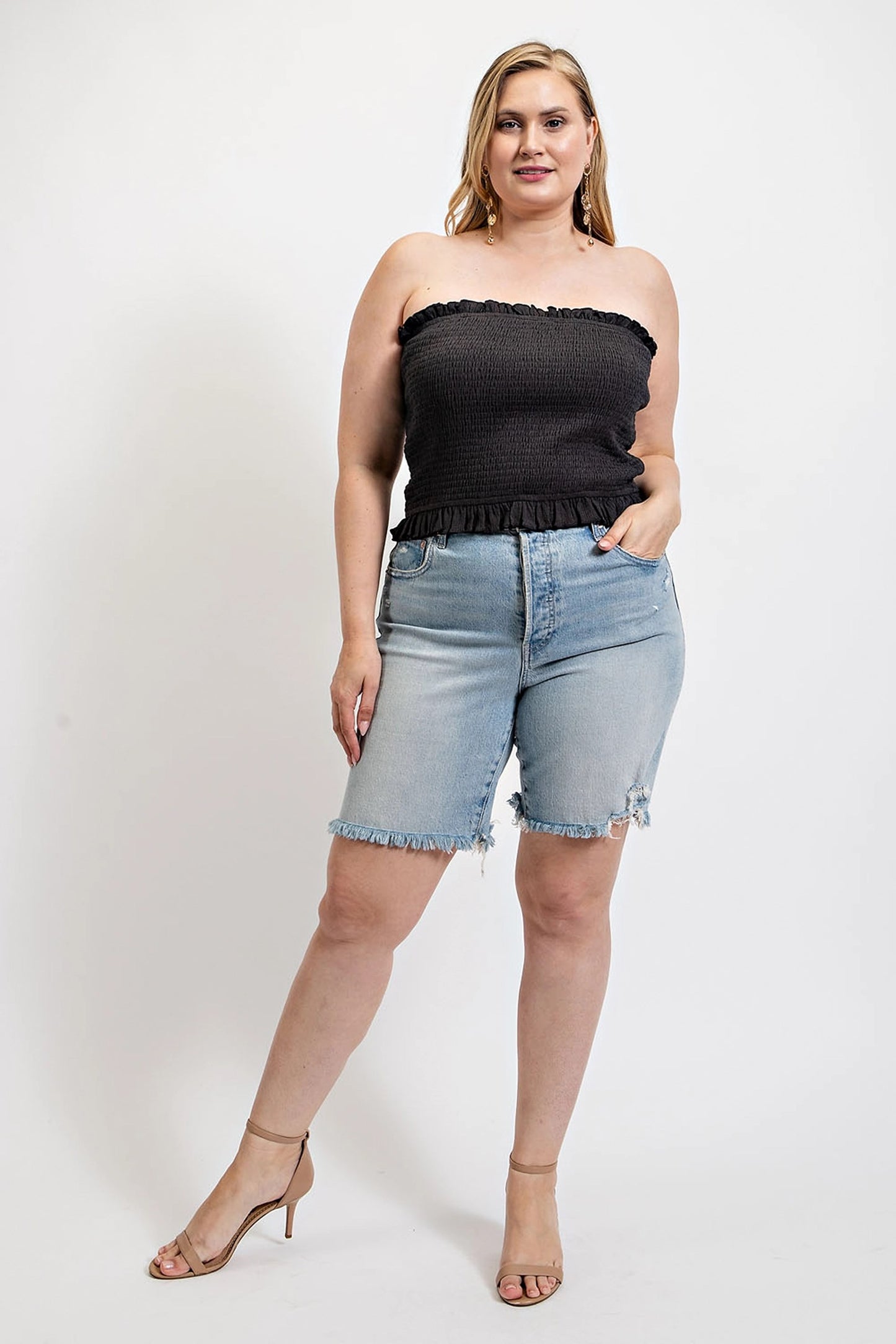 Smocked Ruffle Trim Tube Top