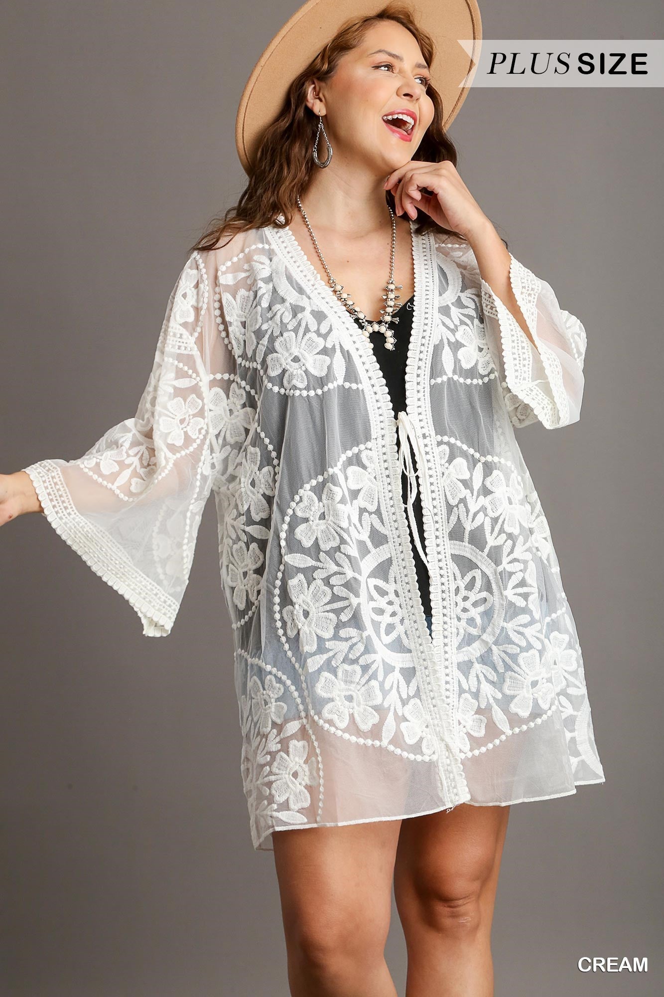 Floral Lace Open Front Kimono w/ Waist Tie