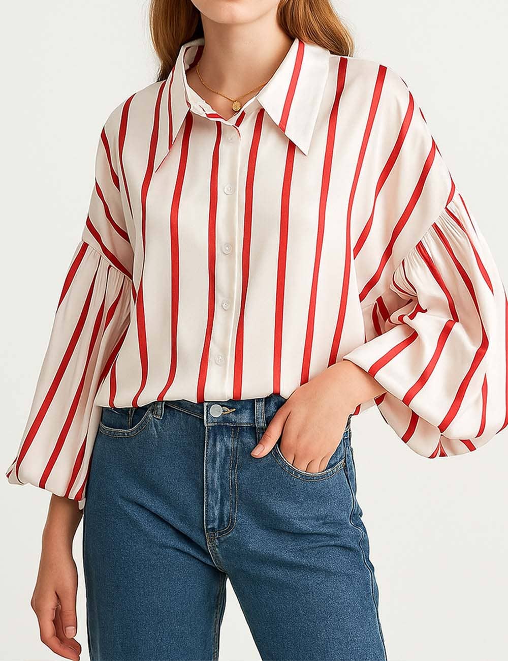 Ladies Striped Puff Sleeves Button Shirt