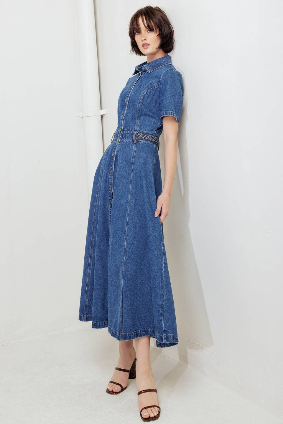 WASHED DENIM BUTTON DOWN MIDI DRESS