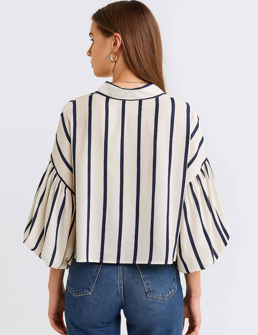 Ladies Striped Puff Sleeves Button Shirt