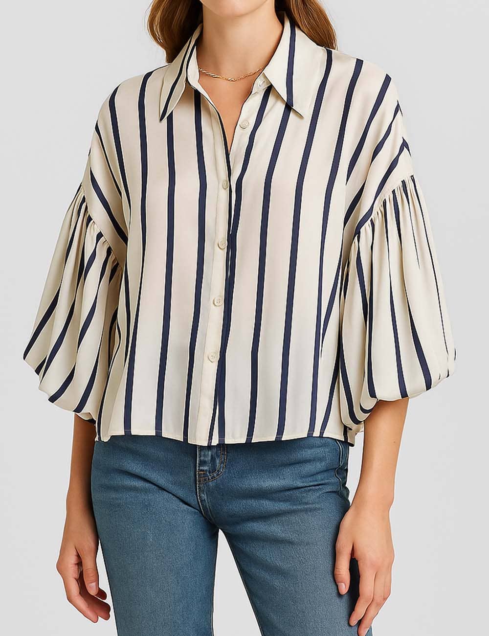 Ladies Striped Puff Sleeves Button Shirt