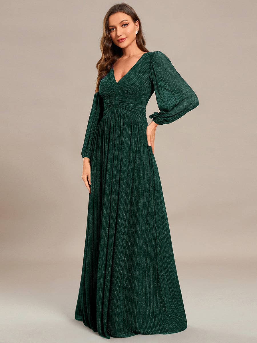 Maxi Long Chiffon Waist V Neck Long Sleeves Evening Dress