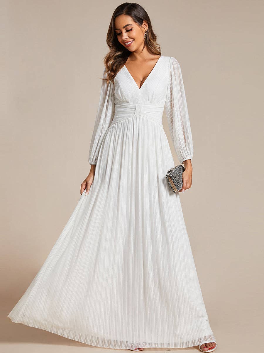 Maxi Long Chiffon Waist V Neck Long Sleeves Evening Dress