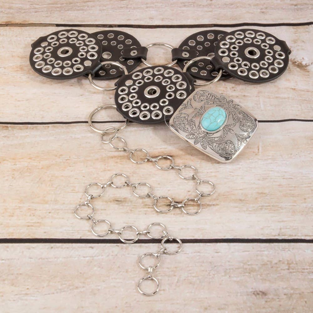 Vegan Leather Studded Disc Engraved Buckle