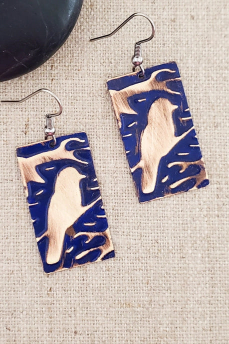 Medium Rectangle Embossed Bird Paint Patina Earrings