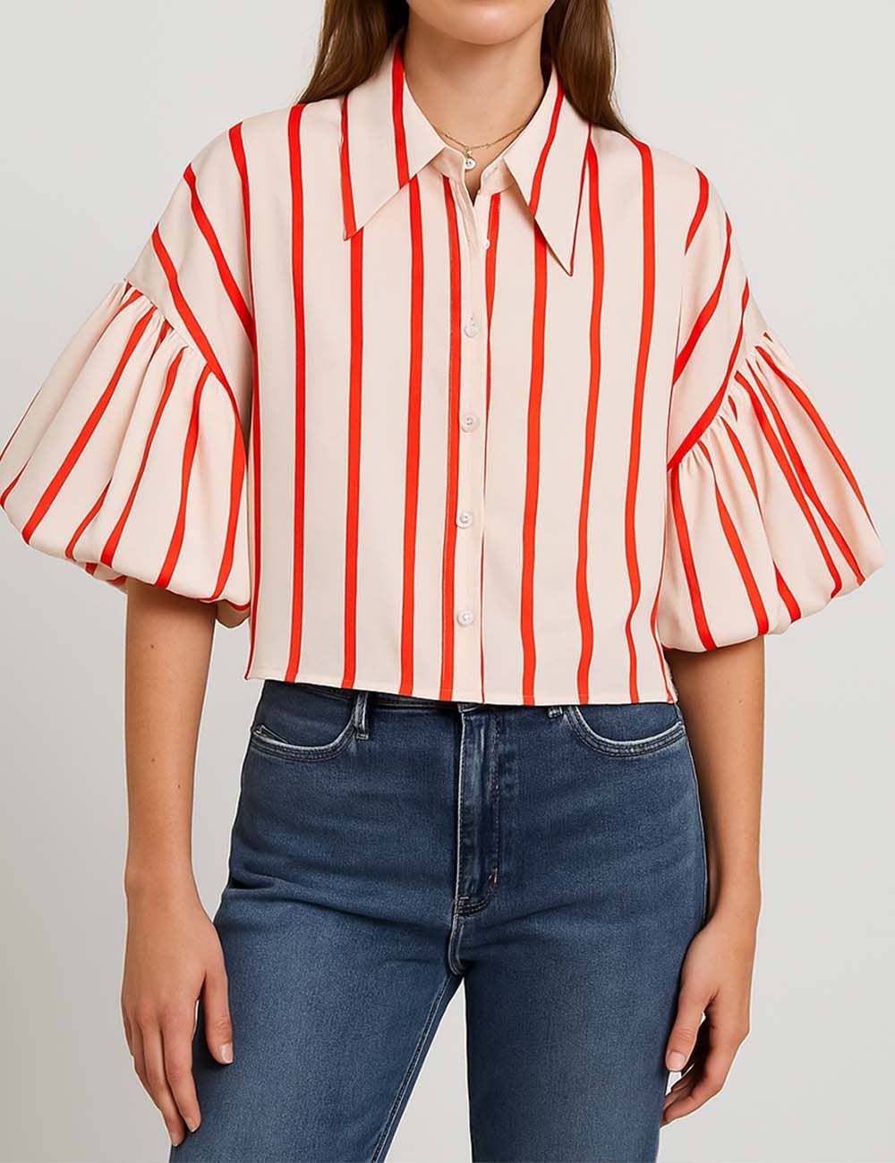 Ladies Striped Puff Sleeves Button Shirt