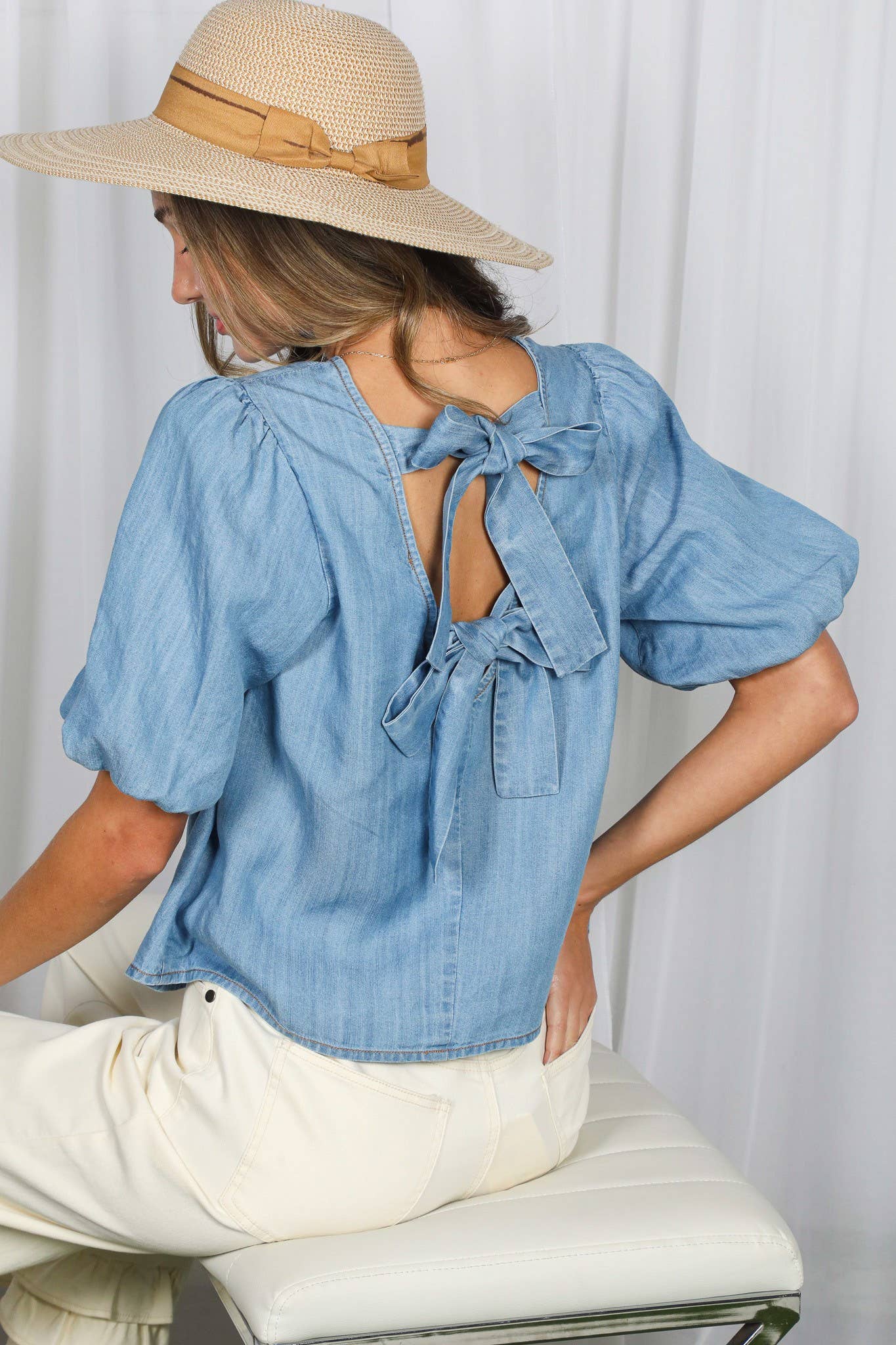 Back Bow Chambray Top