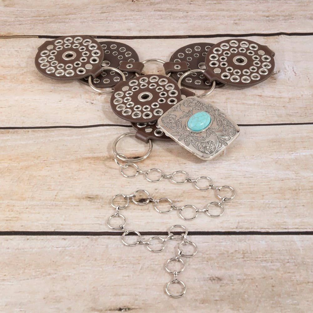 Vegan Leather Studded Disc Engraved Buckle
