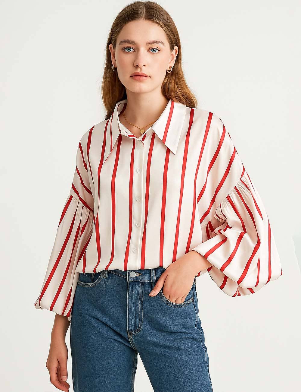Ladies Striped Puff Sleeves Button Shirt