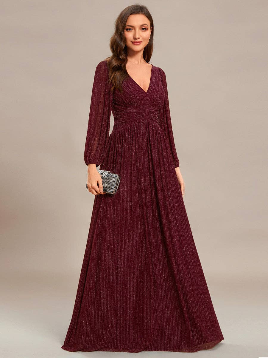Maxi Long Chiffon Waist V Neck Long Sleeves Evening Dress