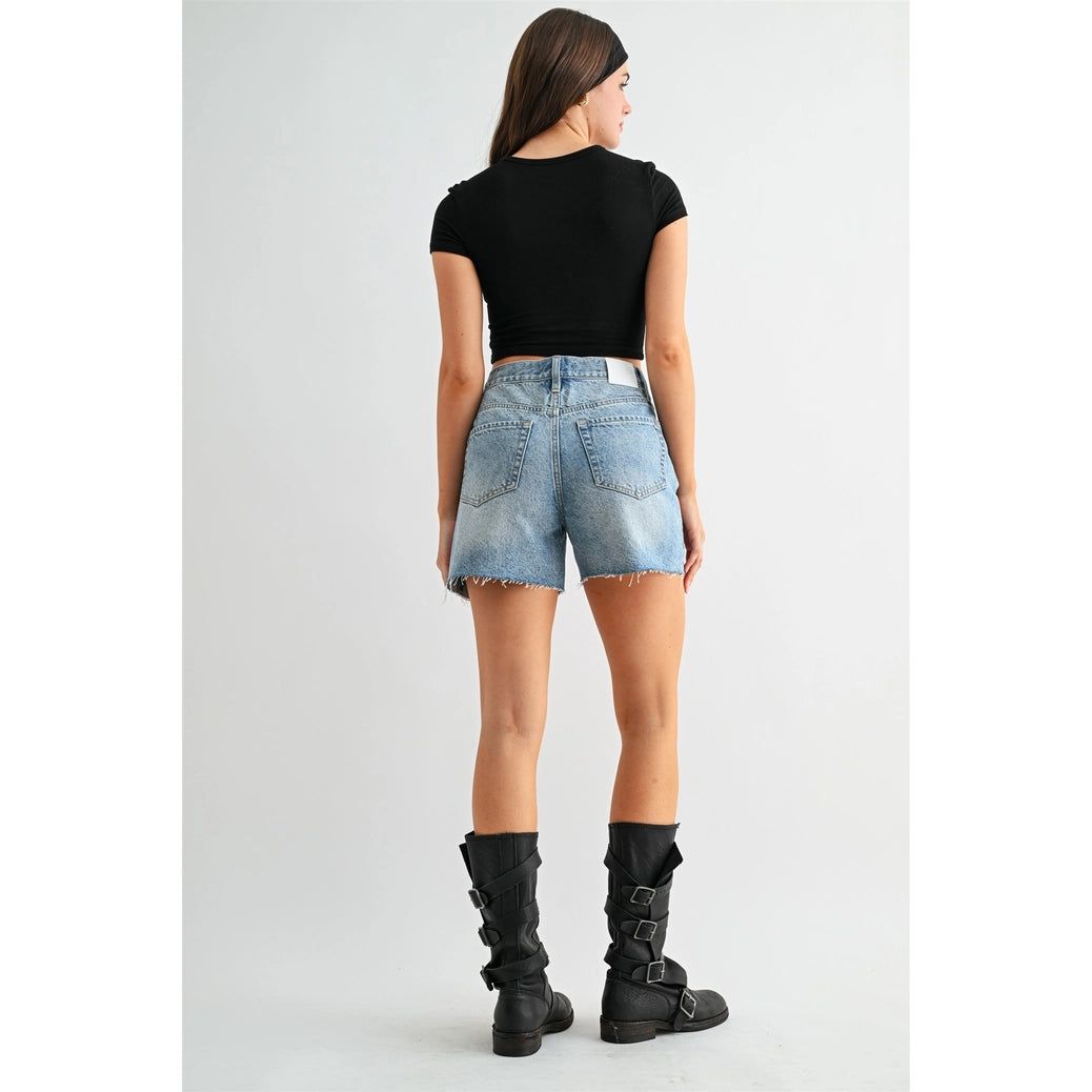 High-Rise Raw Hem Button Up Shorts