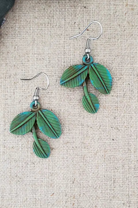 Brass Three Leaf Paint Patina Earrings