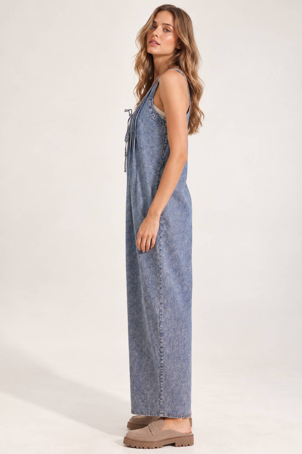 Pintuck Detail Washed Denim Wide Leg Jumpsuit
