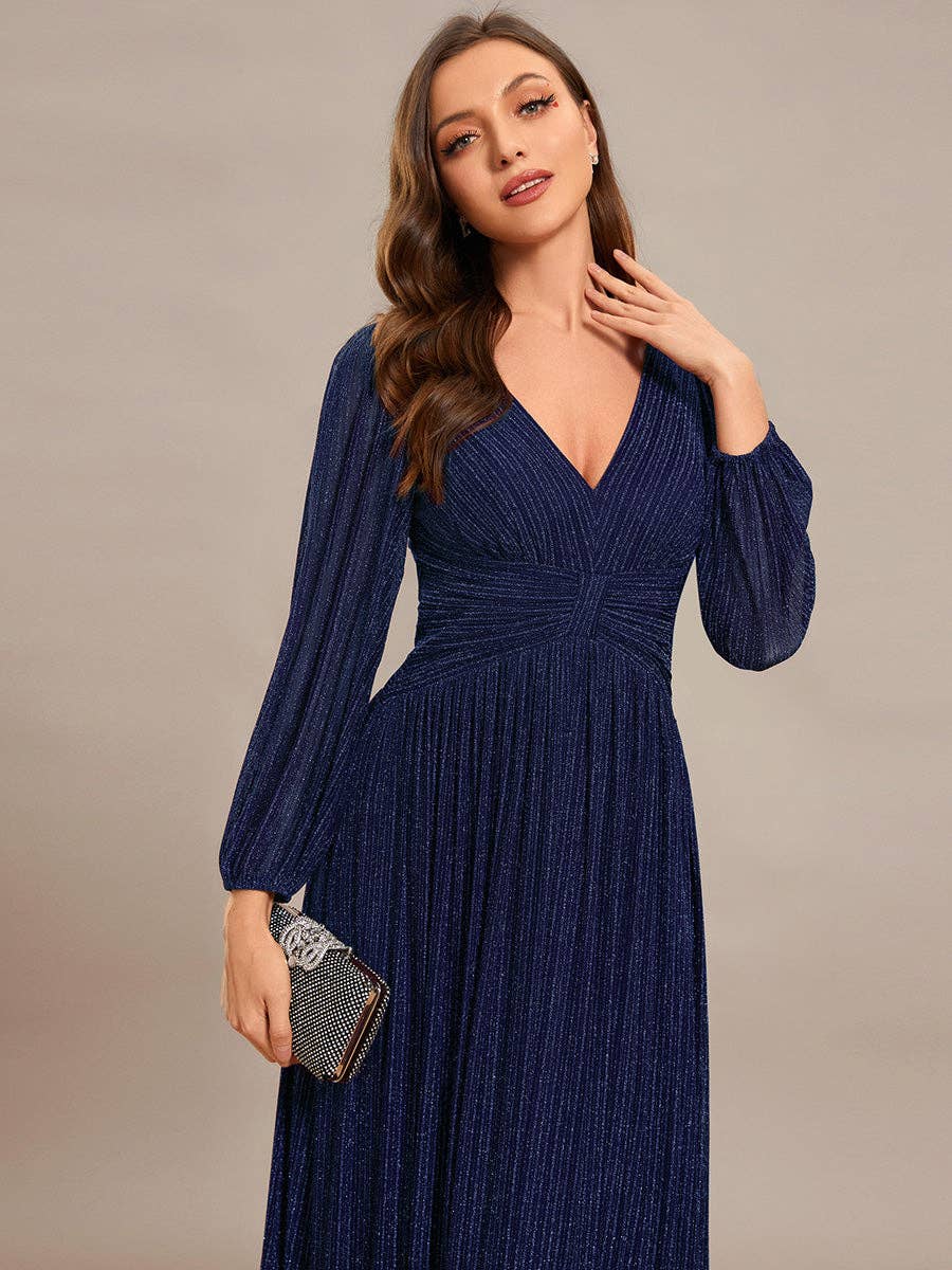 Maxi Long Chiffon Waist V Neck Long Sleeves Evening Dress