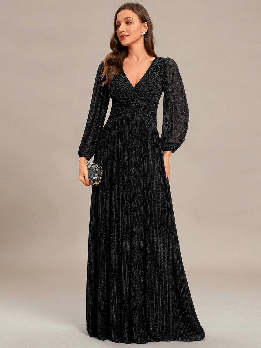 Maxi Long Chiffon Waist V Neck Long Sleeves Evening Dress