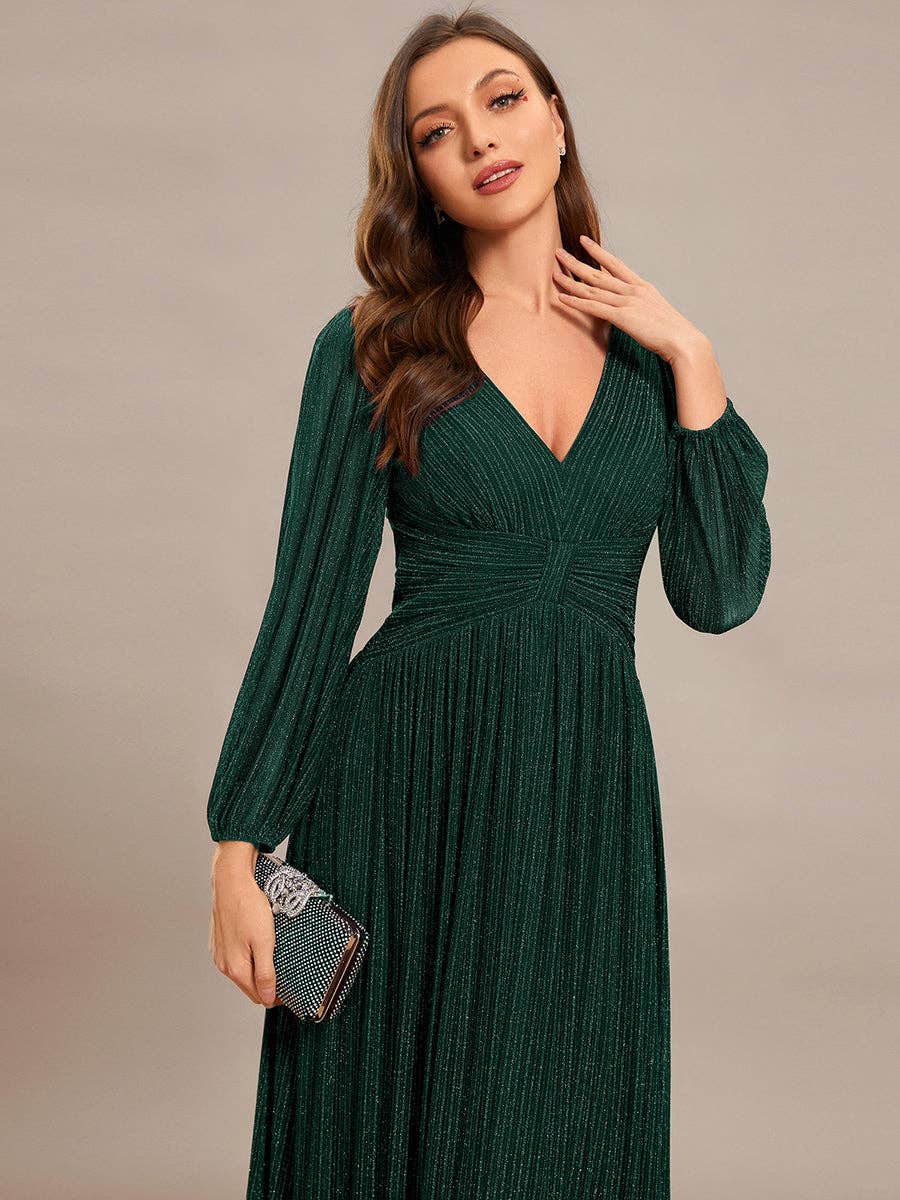 Maxi Long Chiffon Waist V Neck Long Sleeves Evening Dress