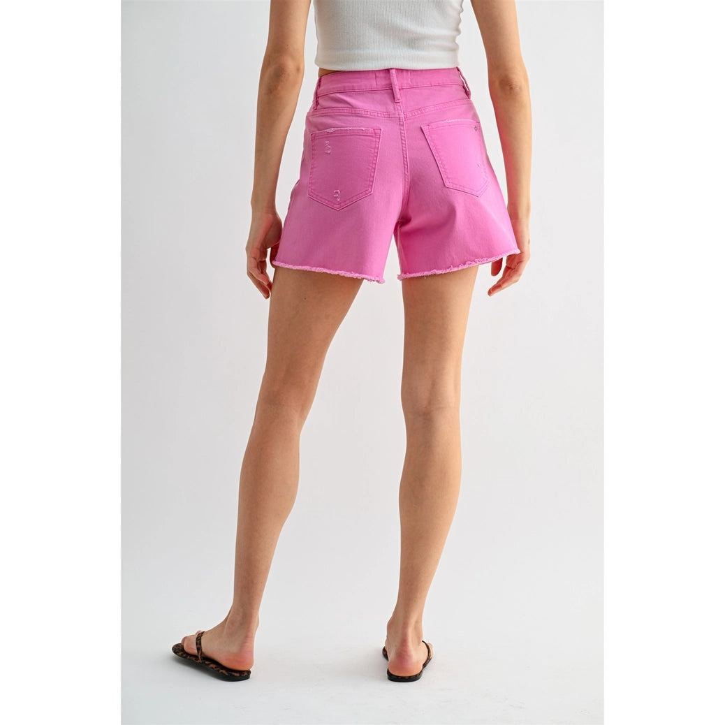 Pink Raw Hem Mid Length Shorts