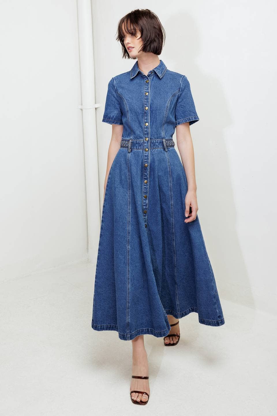 WASHED DENIM BUTTON DOWN MIDI DRESS