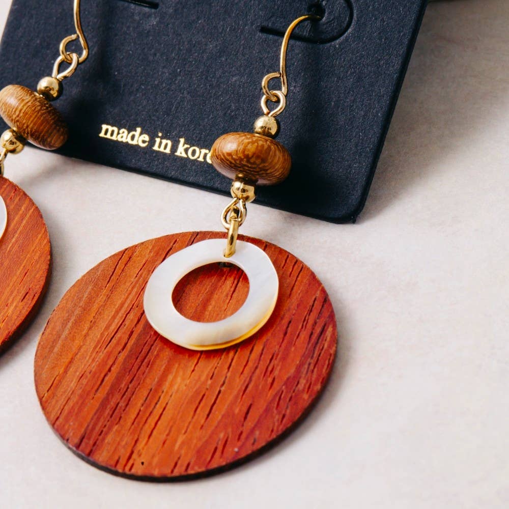 Wooden Disc And Bead Dangle Earrings