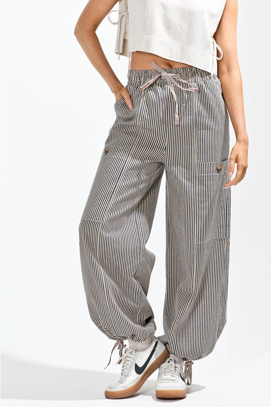 Elastic Waist Vintage Washed Stripe Pants
