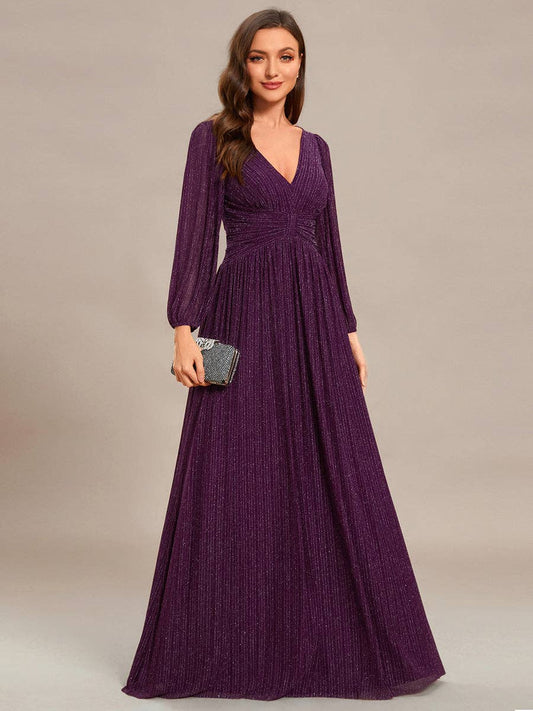 Maxi Long Chiffon Waist V Neck Long Sleeves Evening Dress