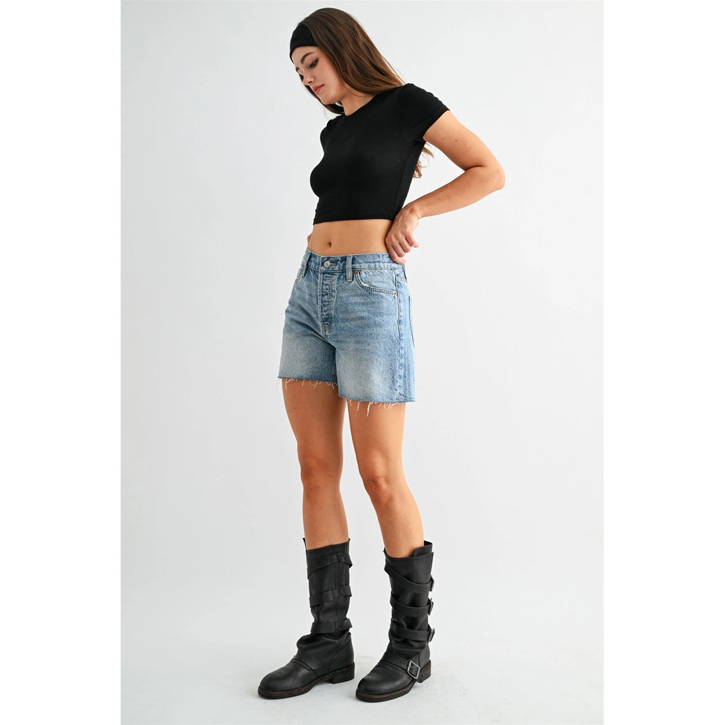 High-Rise Raw Hem Button Up Shorts