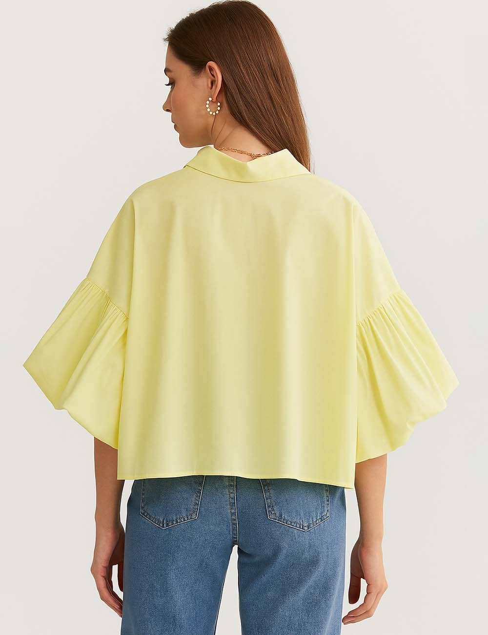 Ladies Striped Puff Sleeves Button Shirt