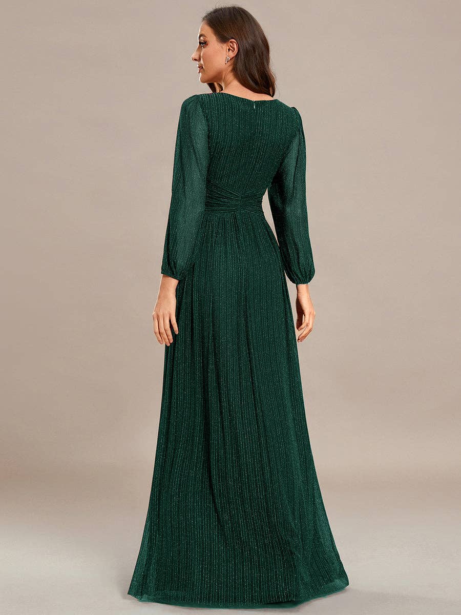Maxi Long Chiffon Waist V Neck Long Sleeves Evening Dress
