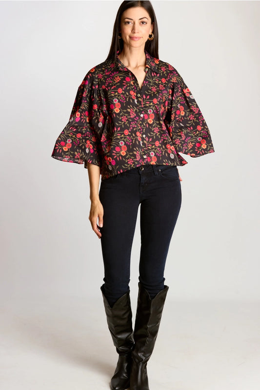 Black Print Poplin Sleeve Blouse