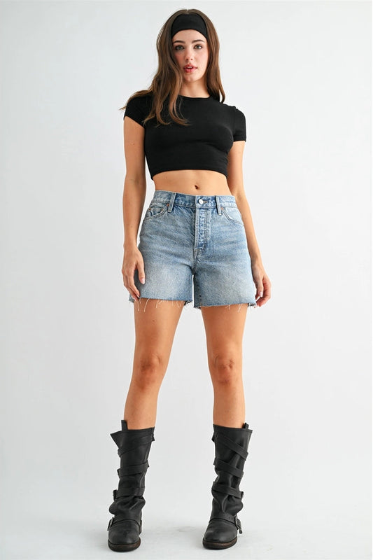 High-Rise Raw Hem Button Up Shorts